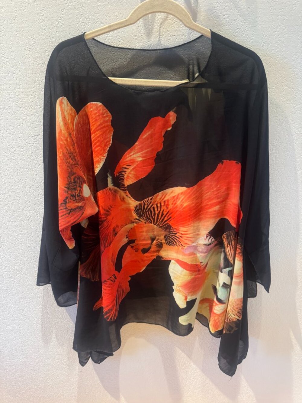 Lior Sheer Floral Print Top One Size Black Orange